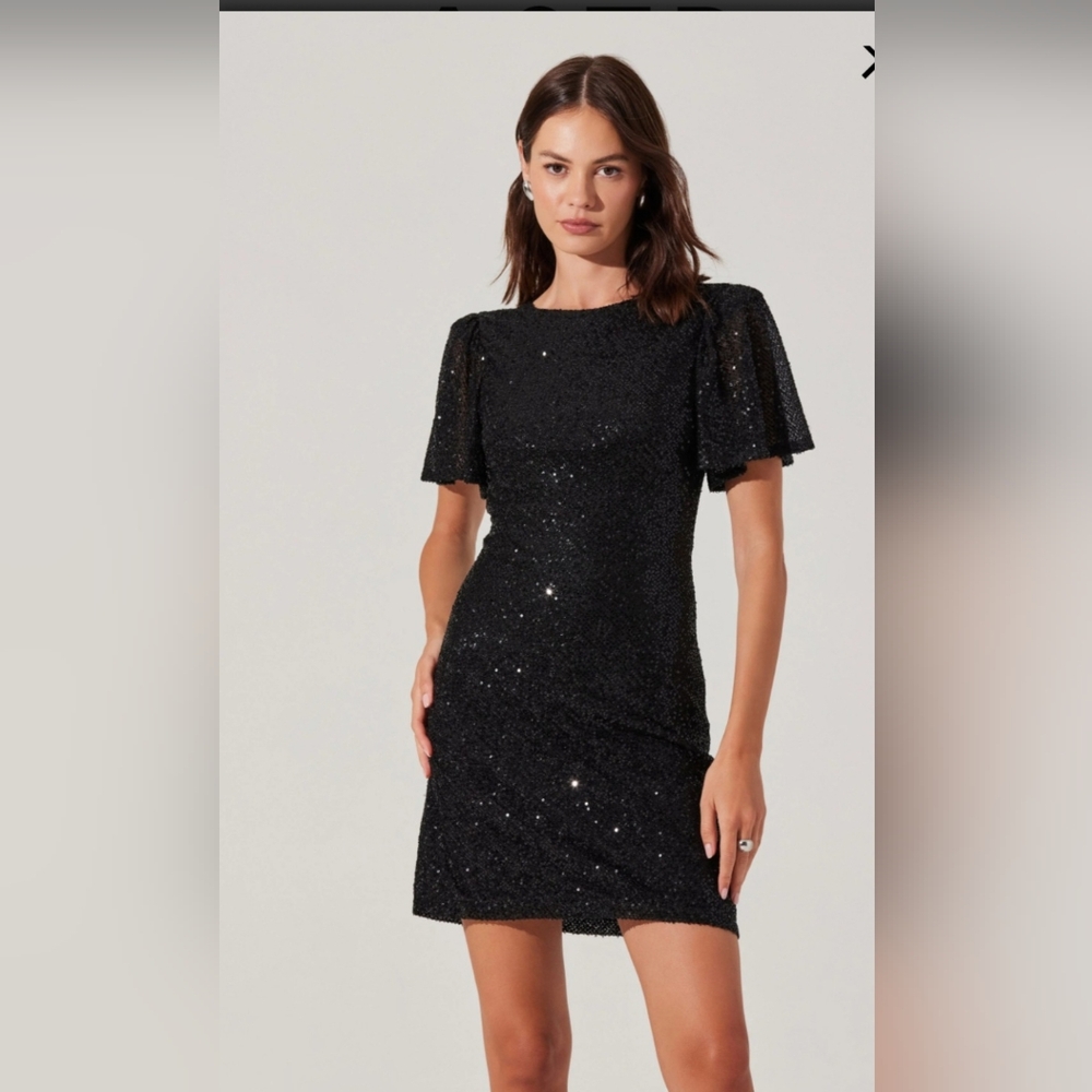 Aster The label Structured Flutter Sleeve Sequin Minidress Black Sz XS